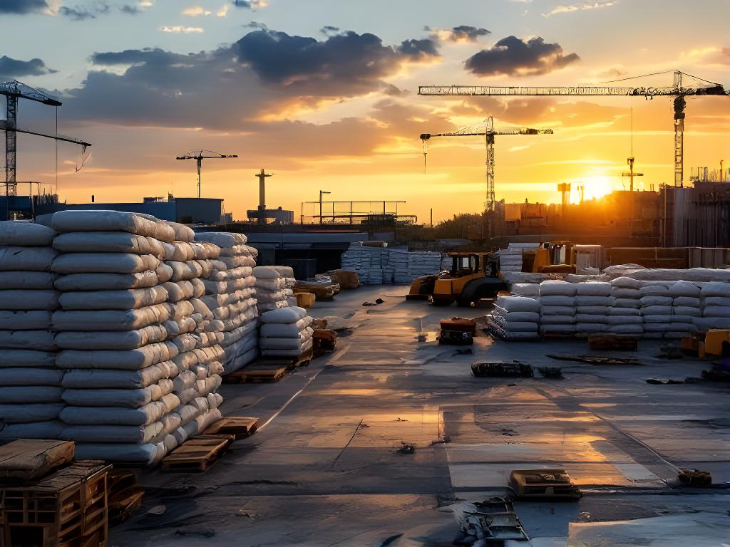 Obra en construcción con sacos de cemento y maquinaria liviana al atardecer, mostrando una distribución ordenada en el sitio