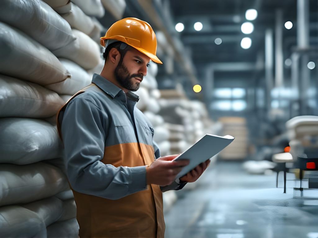 Operario de planta revisando registros de pedidos junto a bolsas de cemento en un entorno industrial limpio